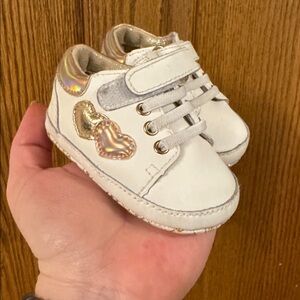MK White Gold Leather Faux Lace  Velcro Strap Upper Slip On Baby Shoes